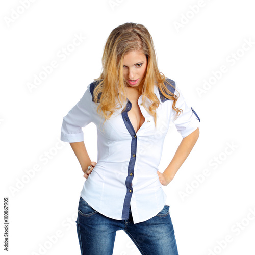 Emotional girl looks down and is surprised
