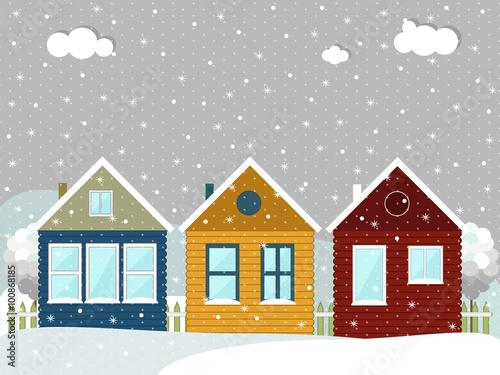 Colorful Wooden Eco Houses. Winter Theme