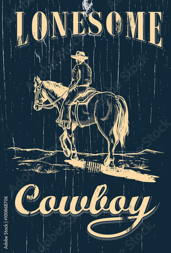 Hand drawn of cowboy riding horse on a wooden sign, vector