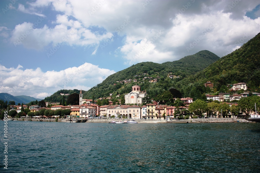 View from Lake Maggiore to Laveno Momello in Italy