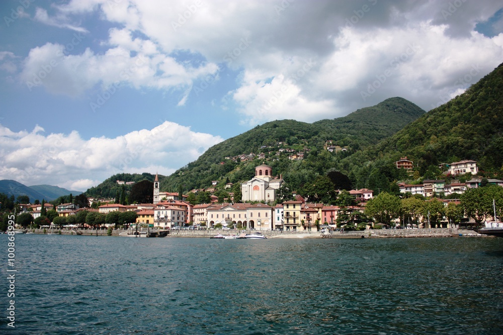 View from Lake Maggiore to Laveno Momello in Italy View from Lake Maggiore to Laveno Momello in Italy