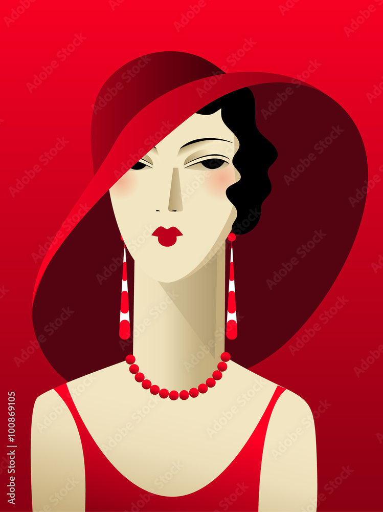 Portrait deco woman in a red dress and a wide-brimmed hat Stock Vector ...