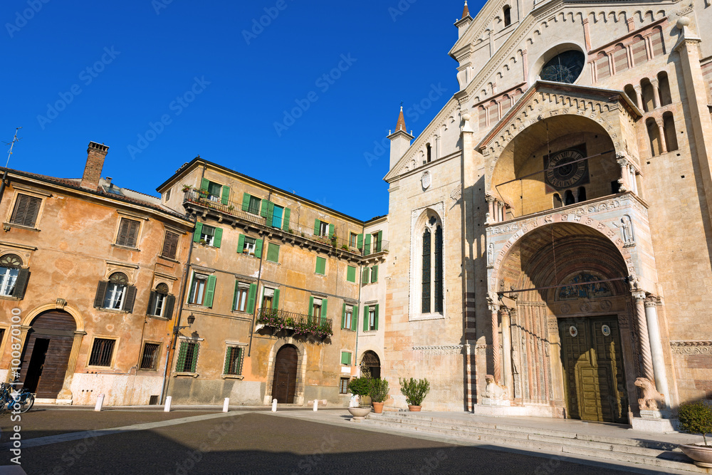 Verona Cathedral - Veneto Italy / Facade of the Cathedral of Verona in Romanesque style (1187 - UNESCO world heritage site) - Santa Maria Matricolare - Veneto Italy