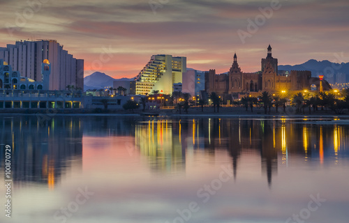 Central beach with resort hotels and entrainment center in Eilat - famous tou...