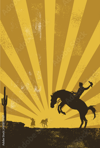 Cowboy riding wild horse at sunset, vector