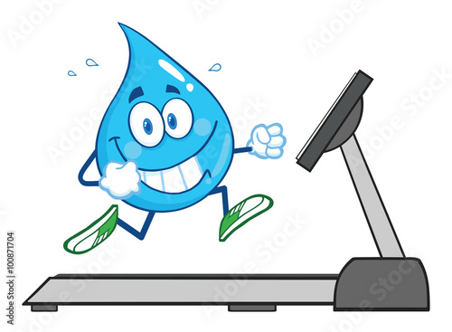 Healthy Water Drop Cartoon Character Running On A Treadmill