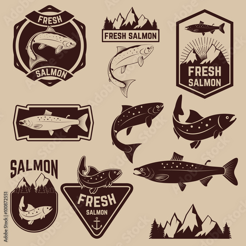 fresh salmon labels set