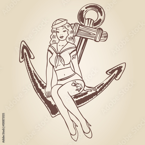 Vintage pinup sailor girl sitting on an anchor