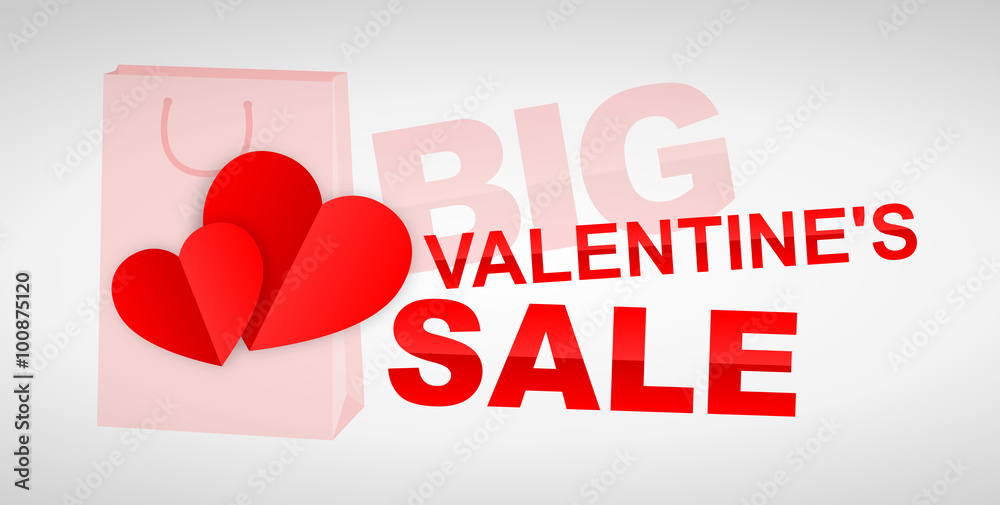 Big Valentine's sale graphic with shopping bag, hearts and text