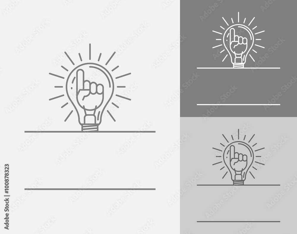 Vector sign template. Cup winner logo. The idea of achieving victory. Hand with a raised index finger up in a glowing light bulb. Vector sign template. Cup winner logo. The idea of achieving victory. Hand with a raised index finger up in a glowing light bulb.
