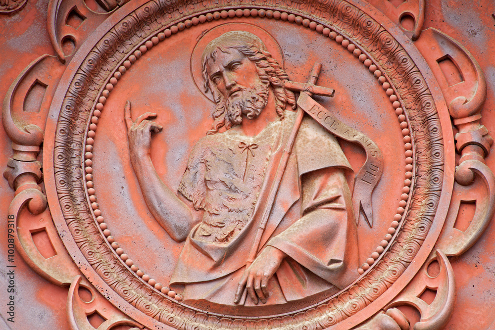 BRUSSELS - JUNE 21: Saint John the Baptist from metal gate of st. John the Baptist church on June 21, 2012 in Brussels.