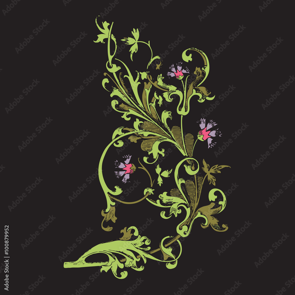 Hand drawn illustration of twig with flowers and leaves Baroque Hand drawn illustration of twig with flowers and leaves Baroque