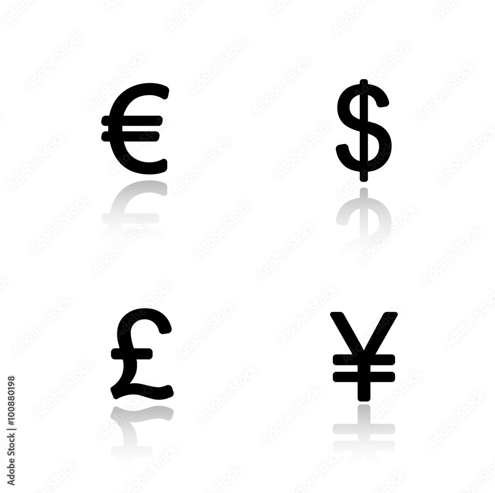 Currency symbols drop shadow icons set Currency symbols drop shadow icons set