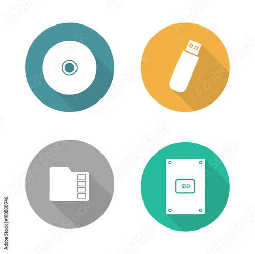 Digital data storage devices flat design icons set