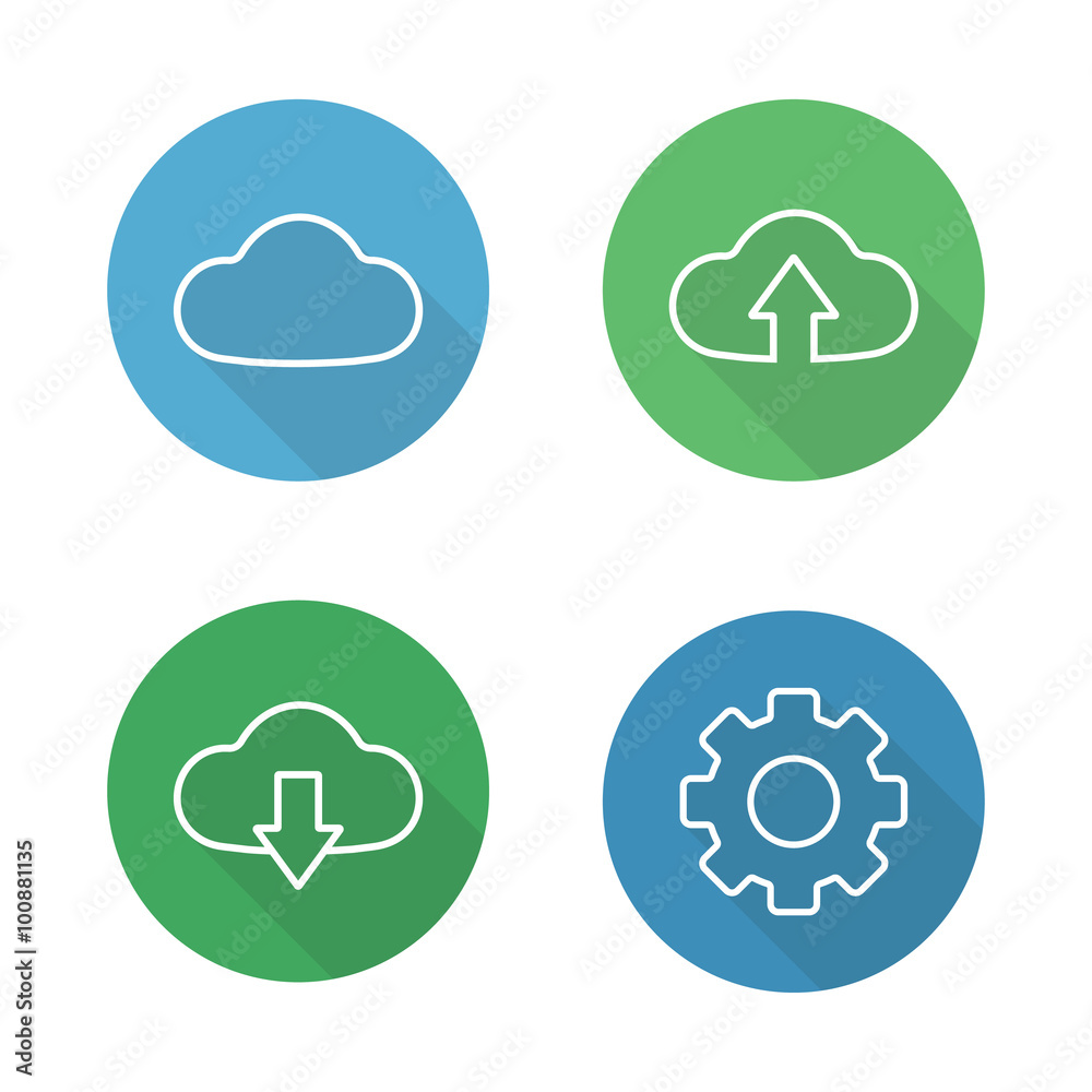 Cloud hosting flat linear icons set