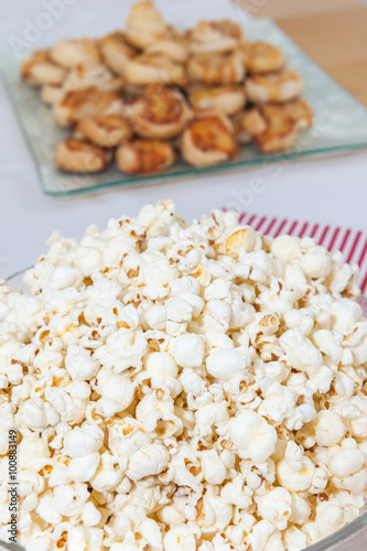 pop-corn and salty snacks on a table