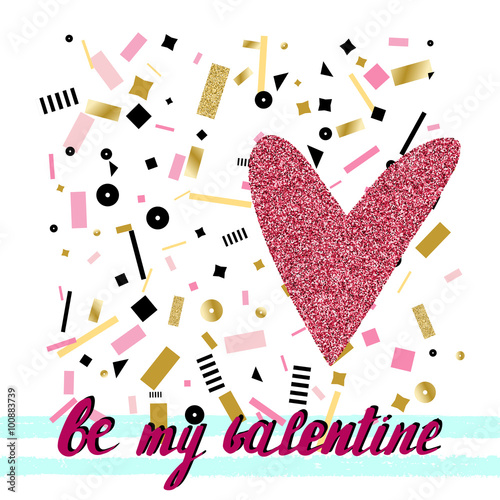 Red glitter heart on colorful background with lettering be my vaentine, for banners, posters, flyers, valentines cards