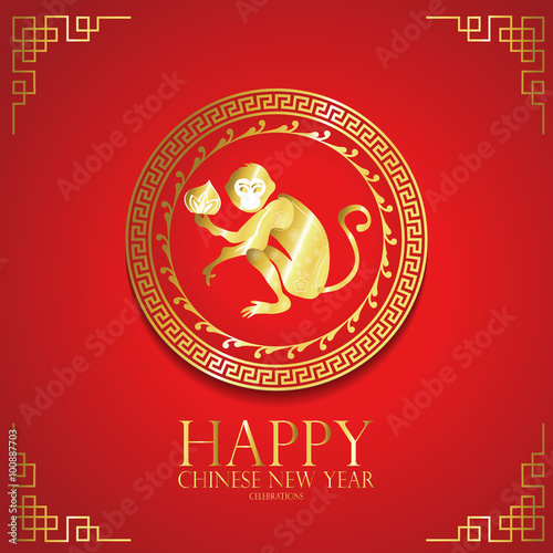 Red gold circle chinese new year background with monkey