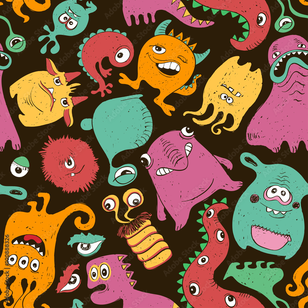 Colorful Seamless Pattern With Funny Monsters.