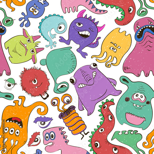 Colorful Seamless Pattern With Funny Monsters.