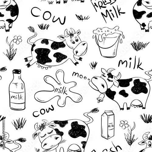 Sketch Seamless Pattern Of Funny Cows.