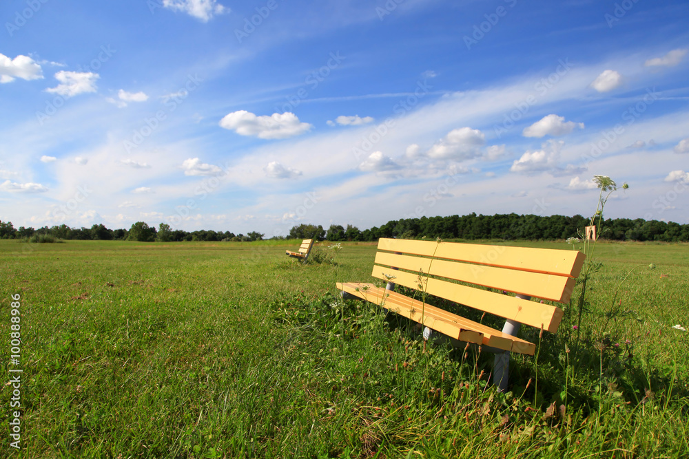 Yellow relaxing bench in the green meadow Yellow relaxing bench in the green meadow