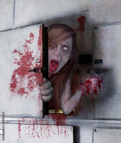 zombie donna che si risveglia nel frigo dell'obitorio.
 300 dpi 1992x2358pixel