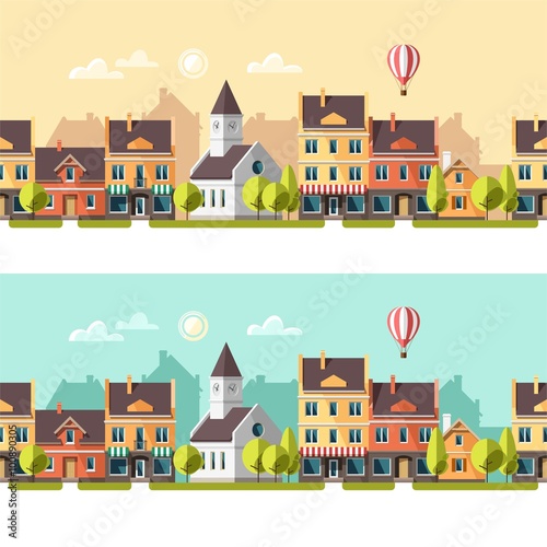 Urban landscape and city life. Spring. Vector illustration.