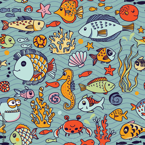 Cartoon underwater seamless pattern with crab, fishes, seahorse, corals and other marine elements. Seamless pattern can be used for wallpapers, web page backgrounds