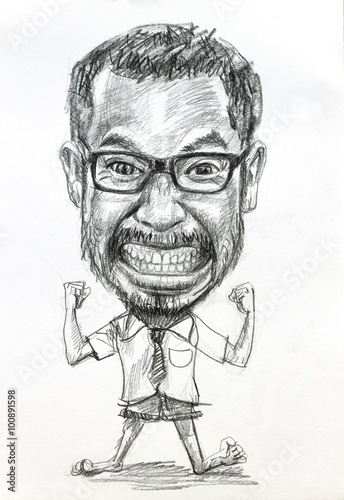 Caricature pencil drawing of angry man wearing eyeglasses on white paper