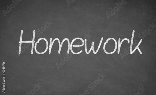 Homework written on chalkboard