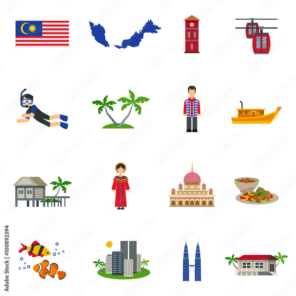 Malaysian Culture Symbols Flat Icons Set