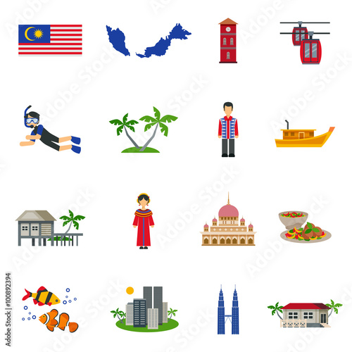 Malaysian Culture Symbols Flat Icons Set