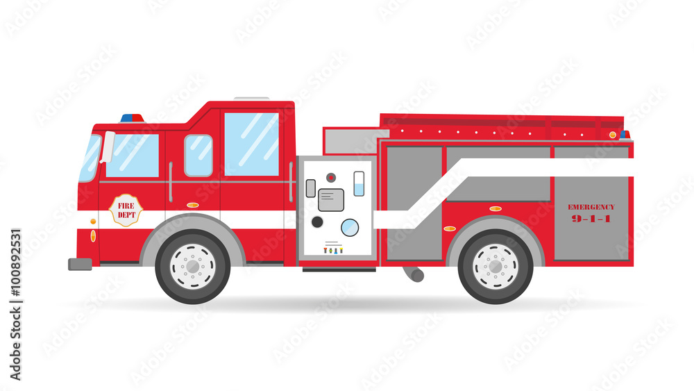 Cartoon flat American Firetruck car vector illustration emergency vehicle