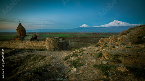 Khor virap monastery in front of Ararat mountain at sunrise, Autumn, Armenia photo