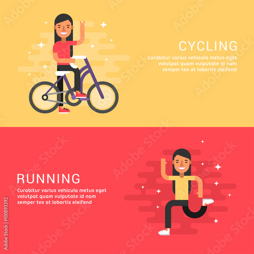 Set of Concept Flat Style Vector Sport Illustrations. Female Cartoon Character. Cycling, Running. Web Banner Template