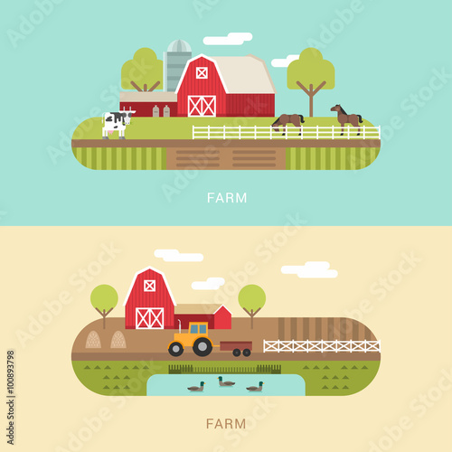 Vector Flat Style Illustration of Farm Landscape with Farmhouses, Pond and Fields