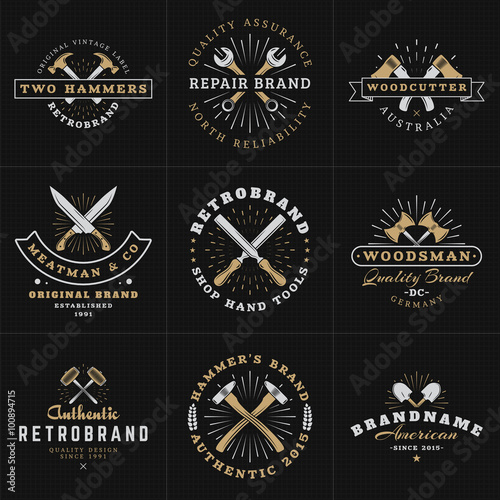 Set of Hipster Vintage Labels, Logotypes, Badges for Your Business. Hammer, Wrench, Axe, Shovel, Knife. Vector Illustration on Dark Textured Background