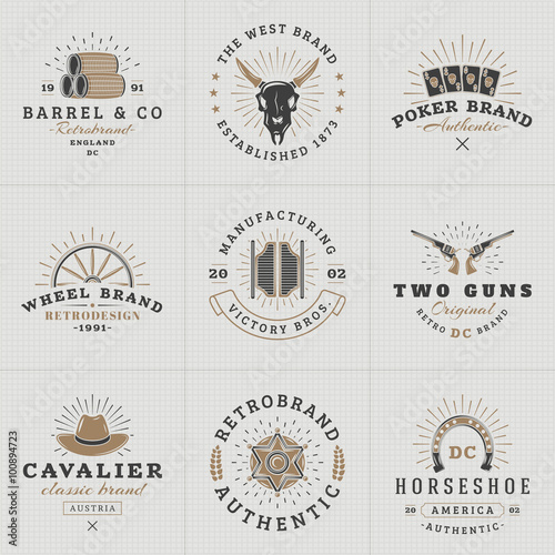 Set of Hipster Vintage Labels, Logotypes, Badges for Your Business. Wild West Theme. Barrel, Scull, Cards, Wheel, Saloon, Gun, Hat, Sheriff. Vector Illustration