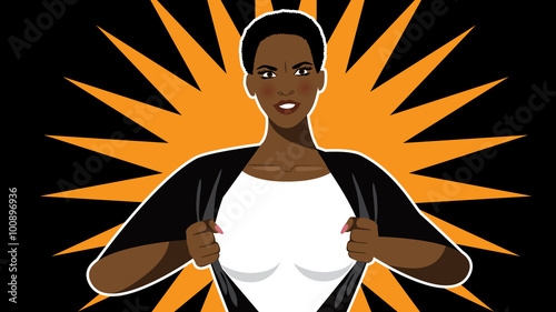 Super hero woman tears open her shirt to reveal the super insignia or message in copy space. EPS 10 vector. photo