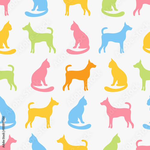 Animal seamless vector pattern of cat and dog silhouettes.