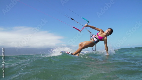 Slow Motion Woman Kite Surfing, Extreme Sport