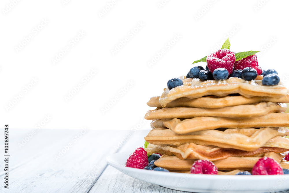 Homemade Waffles with mixed Berries (white background)