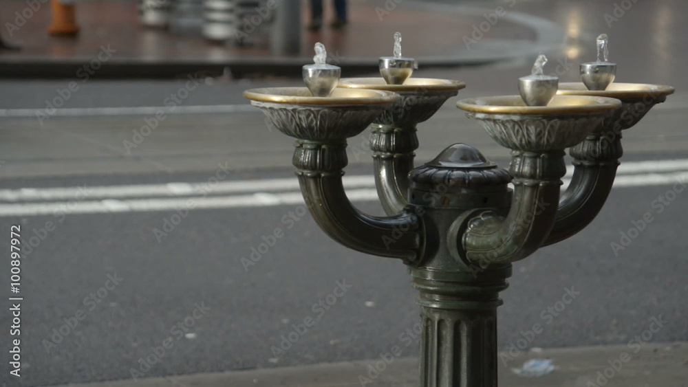 Benson Bubbler Water Fountain in Portland, Oregon with a street and people walking in the background.