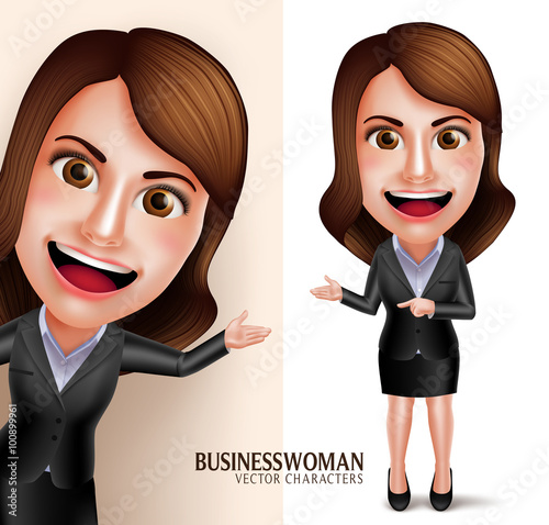 Set of 3D Realistic Professional Business Woman Vector Character with Friendly Smile Showing Presentation Isolated in White Background. Vector Illustration
