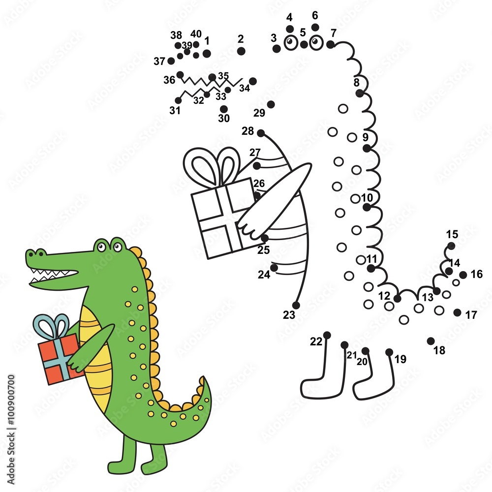 Fototapeta premium Connect the dots to draw the cute alligator and color it. Educational numbers and coloring game for children. Vector illustration