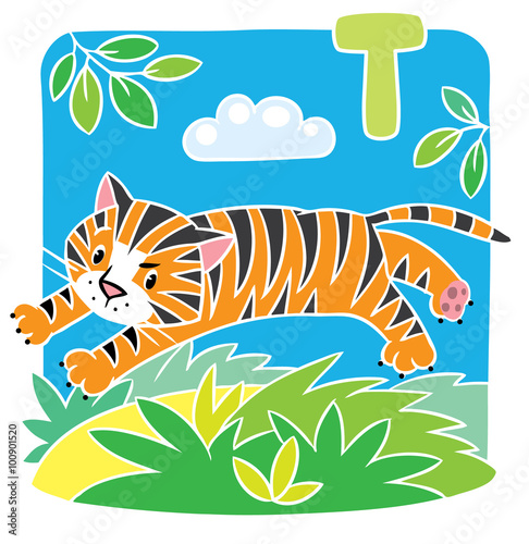 Fototapeta Naklejka Na Ścianę i Meble -  Little tiger coloring book. Alphabet T