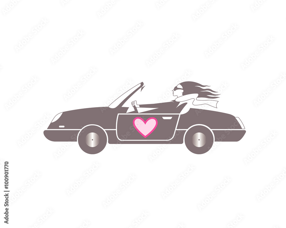 Illustration of a woman in a car with an image of the heart.