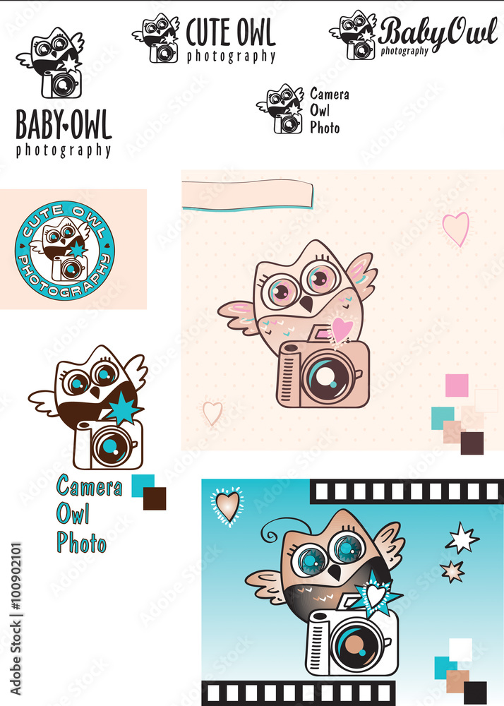 Cute Baby-Owl Photographer vector logo variations. Owl with a camera. Black and white. Color. Decorative elements