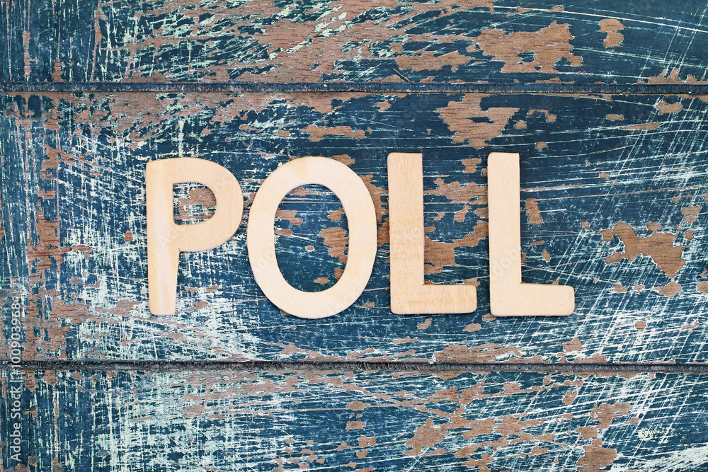 Word poll written with wooden letters on rustic surface